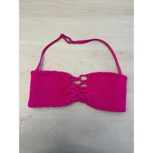 Tori Praver Swimwear Hot Pink Smocked Bandeau Bikini Top Halter Lace-Up Size S